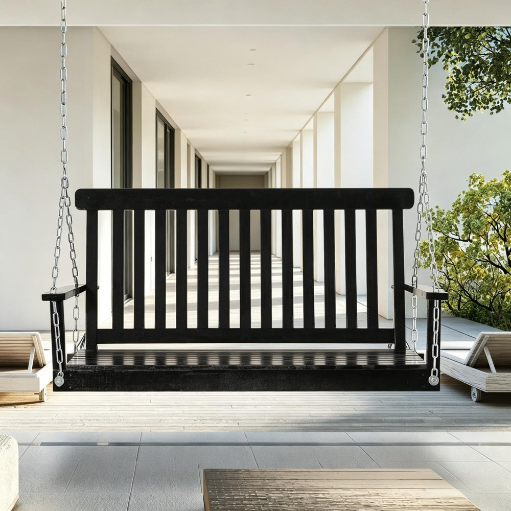 English Elm Black Fir Wood Outdoor Porch Swing Two Person Slatted Seat with Galvanized Chains T3971P510656
