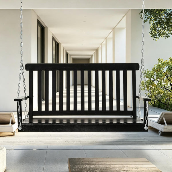 English Elm Black Fir Wood Outdoor Porch Swing Two Person Slatted Seat with Galvanized Chains T3971P510656