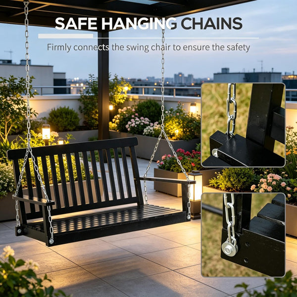English Elm Black Fir Wood Outdoor Porch Swing Two Person Slatted Seat with Galvanized Chains T3971P510656