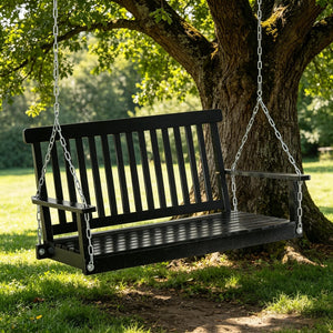 English Elm Black Fir Wood Outdoor Porch Swing Two Person Slatted Seat with Galvanized Chains T3971P510656