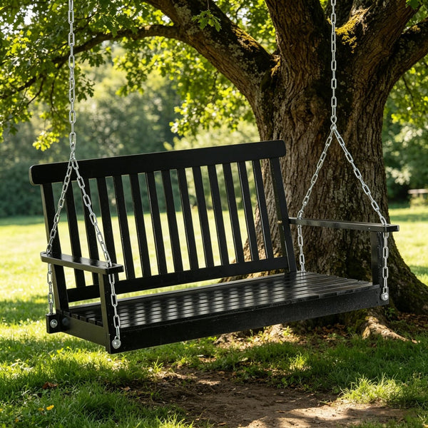 English Elm Black Fir Wood Outdoor Porch Swing Two Person Slatted Seat with Galvanized Chains T3971P510656