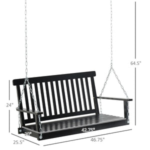 English Elm Black Fir Wood Outdoor Porch Swing Two Person Slatted Seat with Galvanized Chains T3971P510656