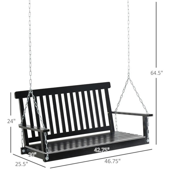 English Elm Black Fir Wood Outdoor Porch Swing Two Person Slatted Seat with Galvanized Chains T3971P510656
