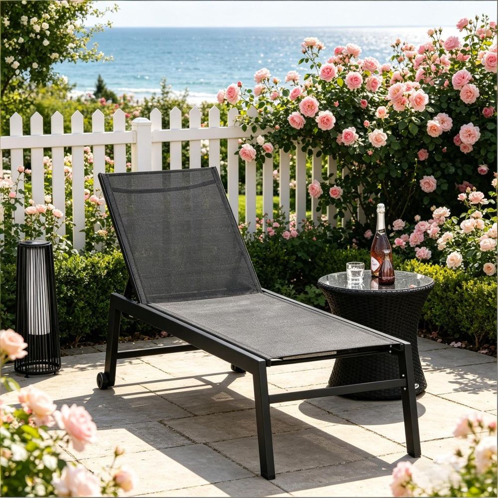 English Elm Comfortable Poolside Chaise Lounge with Steel Frame Mesh Sling Seat and Rolling Wheels T3971P510658
