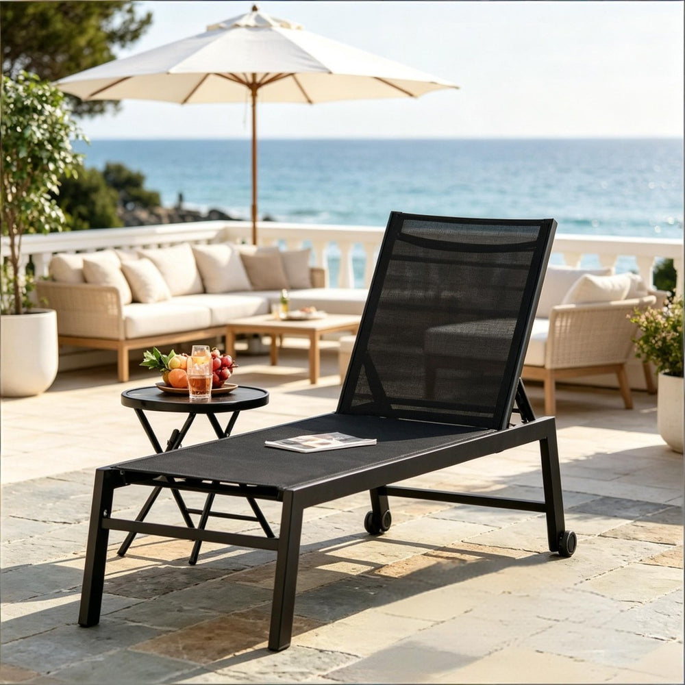 English Elm Comfortable Poolside Chaise Lounge with Steel Frame Mesh Sling Seat and Rolling Wheels T3971P510658