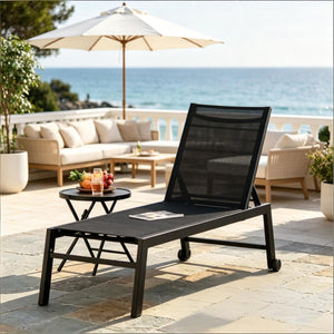 English Elm Comfortable Poolside Chaise Lounge with Steel Frame Mesh Sling Seat and Rolling Wheels T3971P510658