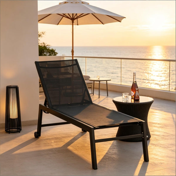 English Elm Comfortable Poolside Chaise Lounge with Steel Frame Mesh Sling Seat and Rolling Wheels T3971P510658