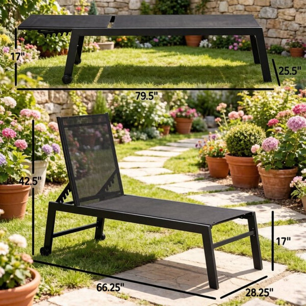 English Elm Comfortable Poolside Chaise Lounge with Steel Frame Mesh Sling Seat and Rolling Wheels T3971P510658