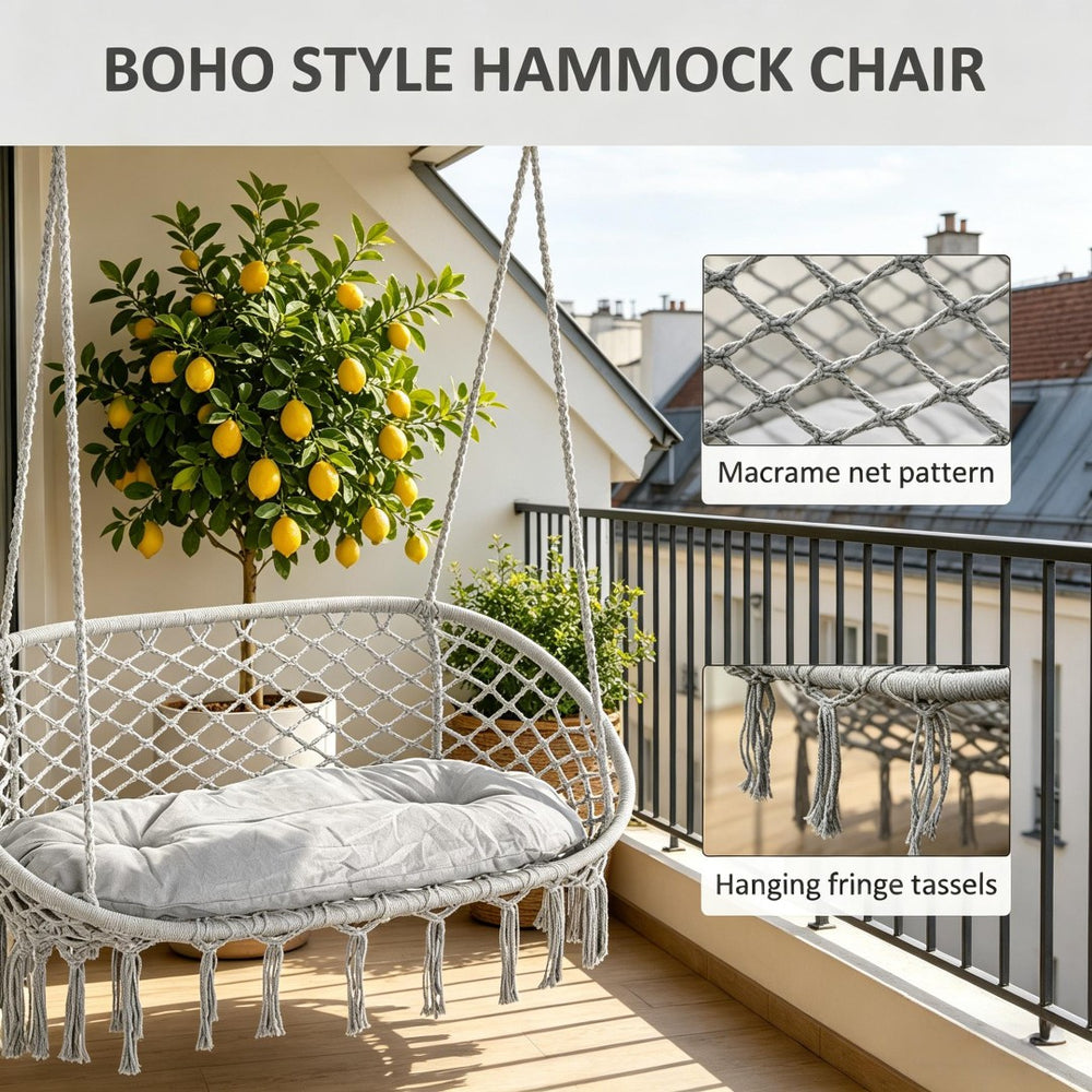 English Elm 2-person Macrame Hanging Chair Handwoven Cotton Rope Swing with Cushion for Porch T3971P510671