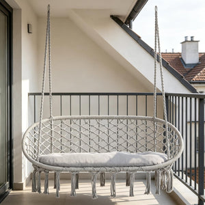 English Elm 2-person Macrame Hanging Chair Handwoven Cotton Rope Swing with Cushion for Porch T3971P510671