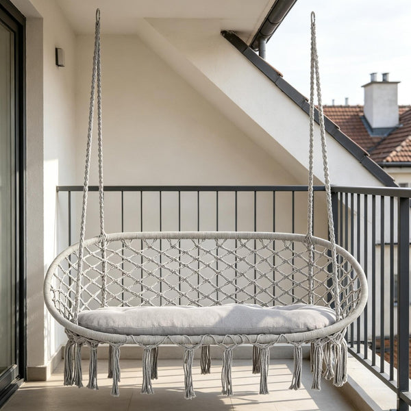 English Elm 2-person Macrame Hanging Chair Handwoven Cotton Rope Swing with Cushion for Porch T3971P510671