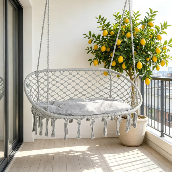 English Elm 2-person Macrame Hanging Chair Handwoven Cotton Rope Swing with Cushion for Porch T3971P510671