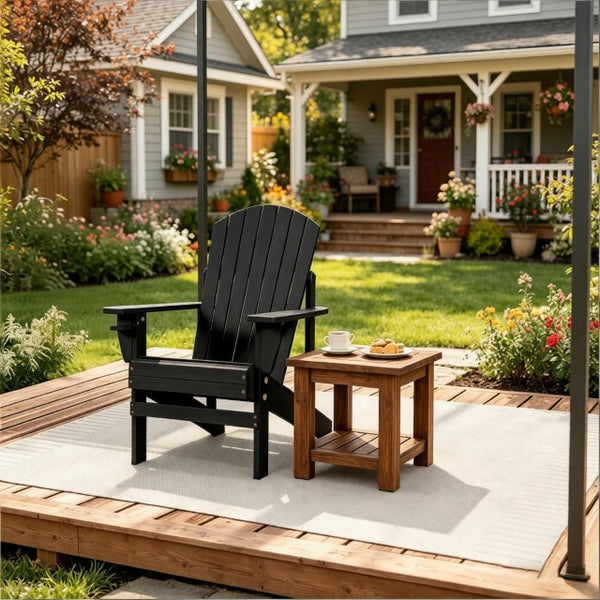 English Elm Porch Solid Poplar Wood Adirondack Chair Matte Black Finish with Built-In Cup Holder T3971P511623