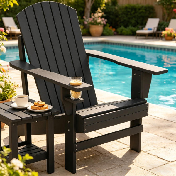 English Elm Porch Solid Poplar Wood Adirondack Chair Matte Black Finish with Built-In Cup Holder T3971P511623