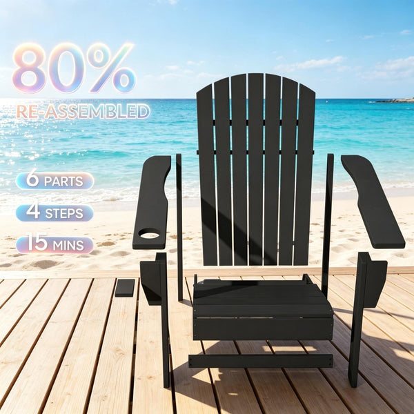 English Elm Porch Solid Poplar Wood Adirondack Chair Matte Black Finish with Built-In Cup Holder T3971P511623