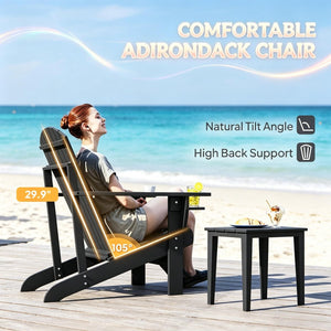 English Elm Porch Solid Poplar Wood Adirondack Chair Matte Black Finish with Built-In Cup Holder T3971P511623