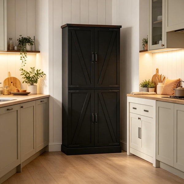 English Elm Chic Farmhouse Pantry Cabinet 72 Inch Tall Black Barn Door Kitchen Organizer with Drawer T3971P512603
