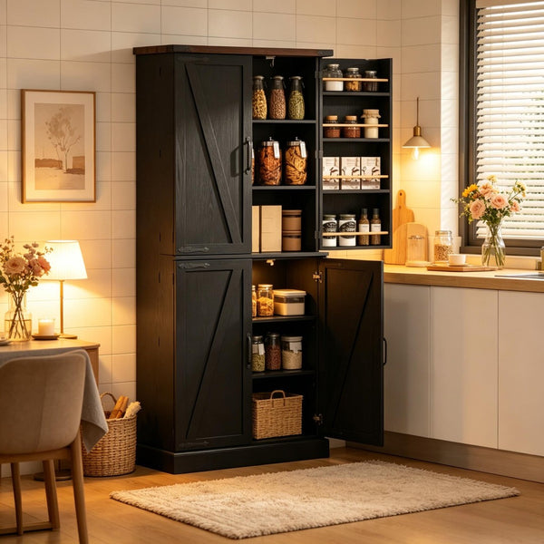 English Elm Chic Farmhouse Pantry Cabinet 72 Inch Tall Black Barn Door Kitchen Organizer with Drawer T3971P512603