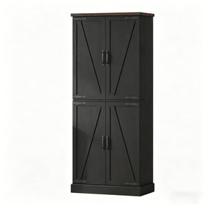 English Elm Chic Farmhouse Pantry Cabinet 72 Inch Tall Black Barn Door Kitchen Organizer with Drawer T3971P512603
