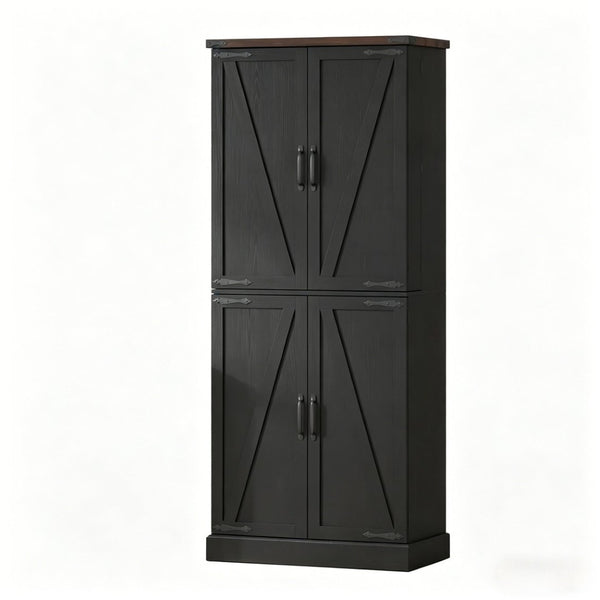 English Elm Chic Farmhouse Pantry Cabinet 72 Inch Tall Black Barn Door Kitchen Organizer with Drawer T3971P512603