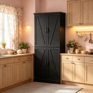 English Elm Chic Farmhouse Pantry Cabinet 72 Inch Tall Black Barn Door Kitchen Organizer with Drawer T3971P512603