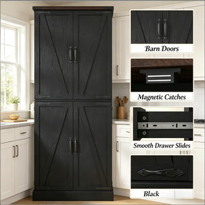 English Elm Chic Farmhouse Pantry Cabinet 72 Inch Tall Black Barn Door Kitchen Organizer with Drawer T3971P512603