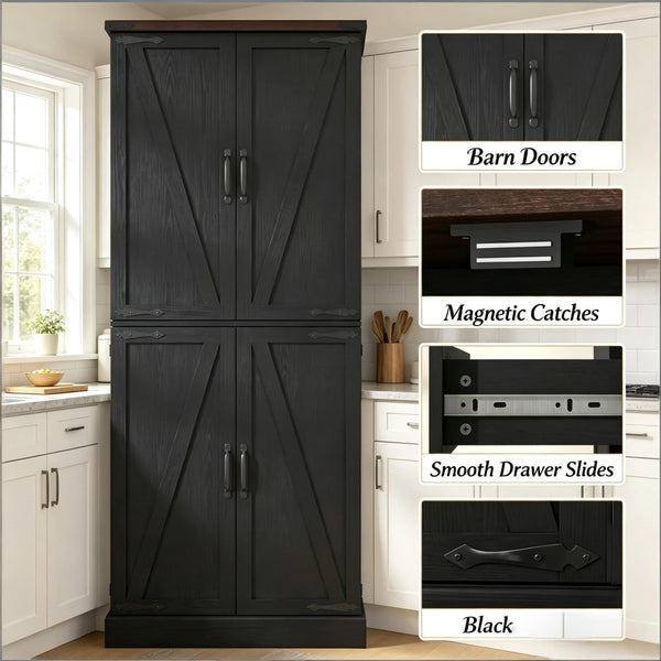 English Elm Chic Farmhouse Pantry Cabinet 72 Inch Tall Black Barn Door Kitchen Organizer with Drawer T3971P512603