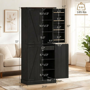 English Elm Chic Farmhouse Pantry Cabinet 72 Inch Tall Black Barn Door Kitchen Organizer with Drawer T3971P512603