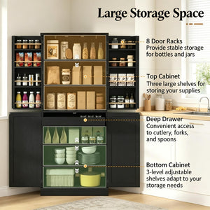 English Elm Chic Farmhouse Pantry Cabinet 72 Inch Tall Black Barn Door Kitchen Organizer with Drawer T3971P512603