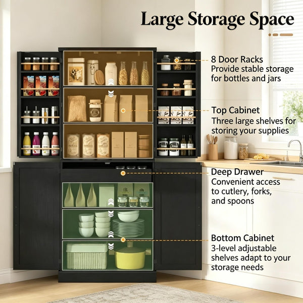 English Elm Chic Farmhouse Pantry Cabinet 72 Inch Tall Black Barn Door Kitchen Organizer with Drawer T3971P512603