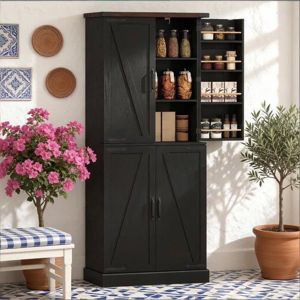 English Elm Chic Farmhouse Pantry Cabinet 72 Inch Tall Black Barn Door Kitchen Organizer with Drawer T3971P512603