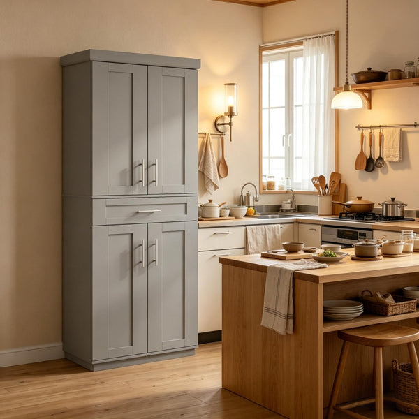 English Elm Freestanding Shaker Pantry Cabinet Tall MDF Kitchen Storage with Drawer and Shelves T3971P512677