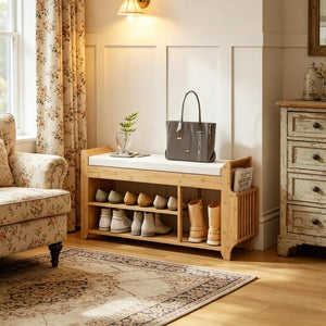 English Elm Entryway Bamboo Shoe Bench with Cushioned Seat and Slim Zoned Storage Shelving T3971P512701