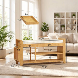 English Elm Entryway Bamboo Shoe Bench with Cushioned Seat and Slim Zoned Storage Shelving T3971P512701