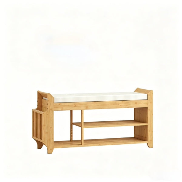 English Elm Entryway Bamboo Shoe Bench with Cushioned Seat and Slim Zoned Storage Shelving T3971P512701