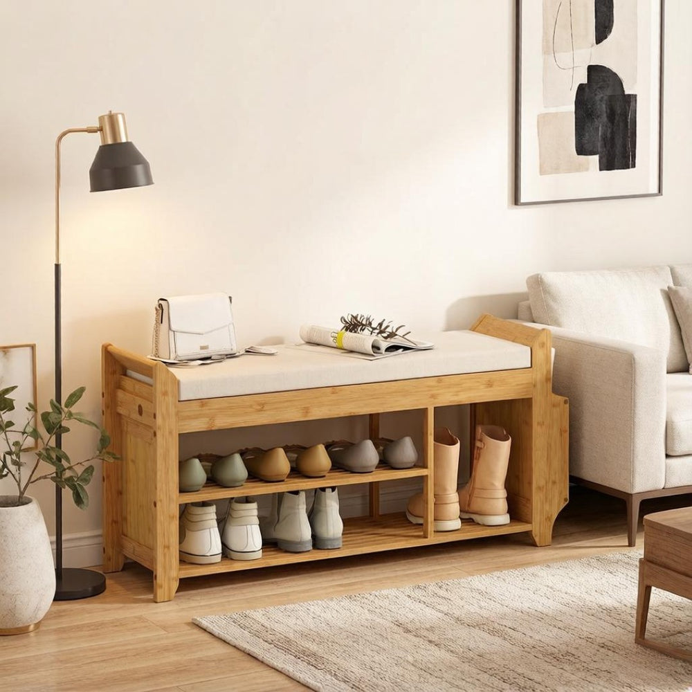 English Elm Entryway Bamboo Shoe Bench with Cushioned Seat and Slim Zoned Storage Shelving T3971P512701