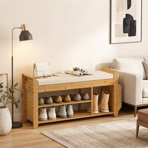 English Elm Entryway Bamboo Shoe Bench with Cushioned Seat and Slim Zoned Storage Shelving T3971P512701