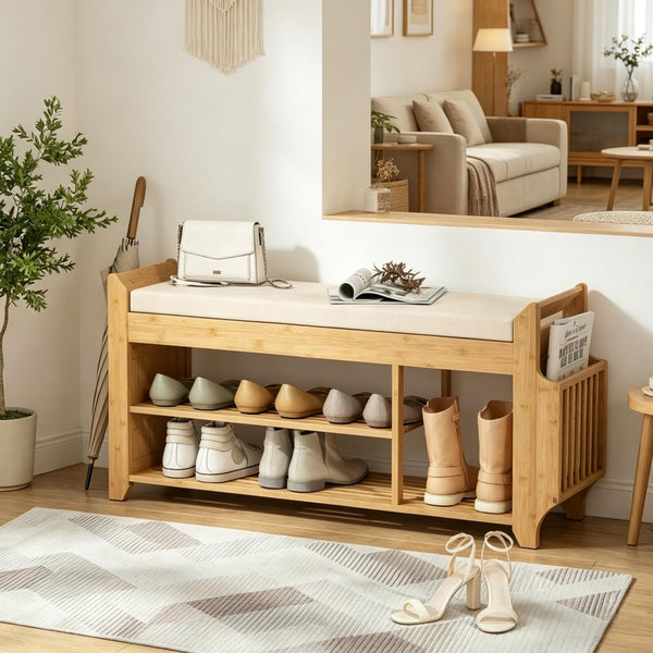 English Elm Entryway Bamboo Shoe Bench with Cushioned Seat and Slim Zoned Storage Shelving T3971P512701