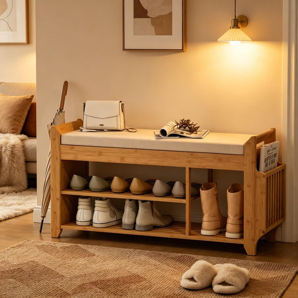 English Elm Entryway Bamboo Shoe Bench with Cushioned Seat and Slim Zoned Storage Shelving T3971P512701