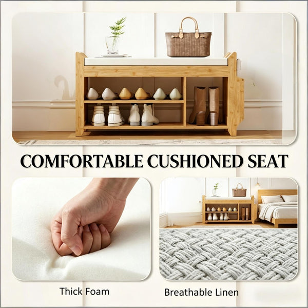 English Elm Entryway Bamboo Shoe Bench with Cushioned Seat and Slim Zoned Storage Shelving T3971P512701