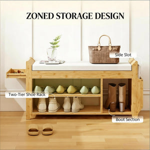 English Elm Entryway Bamboo Shoe Bench with Cushioned Seat and Slim Zoned Storage Shelving T3971P512701