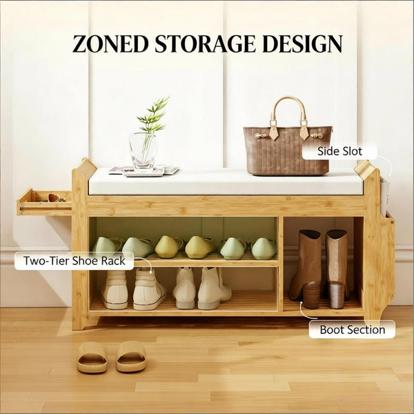 English Elm Entryway Bamboo Shoe Bench with Cushioned Seat and Slim Zoned Storage Shelving T3971P512701