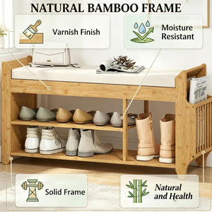 English Elm Entryway Bamboo Shoe Bench with Cushioned Seat and Slim Zoned Storage Shelving T3971P512701