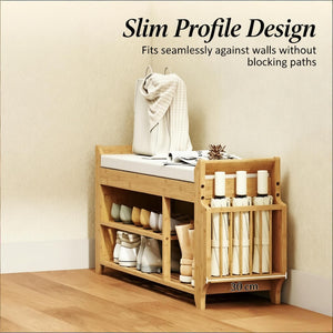 English Elm Entryway Bamboo Shoe Bench with Cushioned Seat and Slim Zoned Storage Shelving T3971P512701
