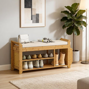 English Elm Entryway Bamboo Shoe Bench with Cushioned Seat and Slim Zoned Storage Shelving T3971P512701