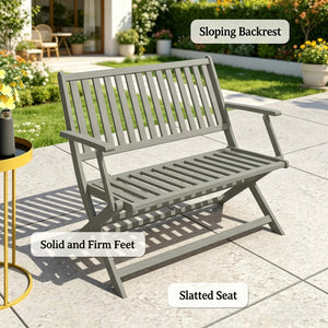 English Elm Wooden Acacia Foldable Outdoor Bench with Slatted Seat and Weather Resistant Gray Finish T3971P512849