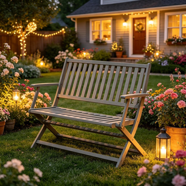 English Elm Wooden Acacia Foldable Outdoor Bench with Slatted Seat and Weather Resistant Gray Finish T3971P512849