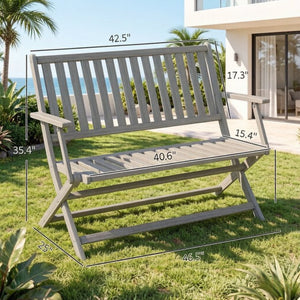 English Elm Wooden Acacia Foldable Outdoor Bench with Slatted Seat and Weather Resistant Gray Finish T3971P512849