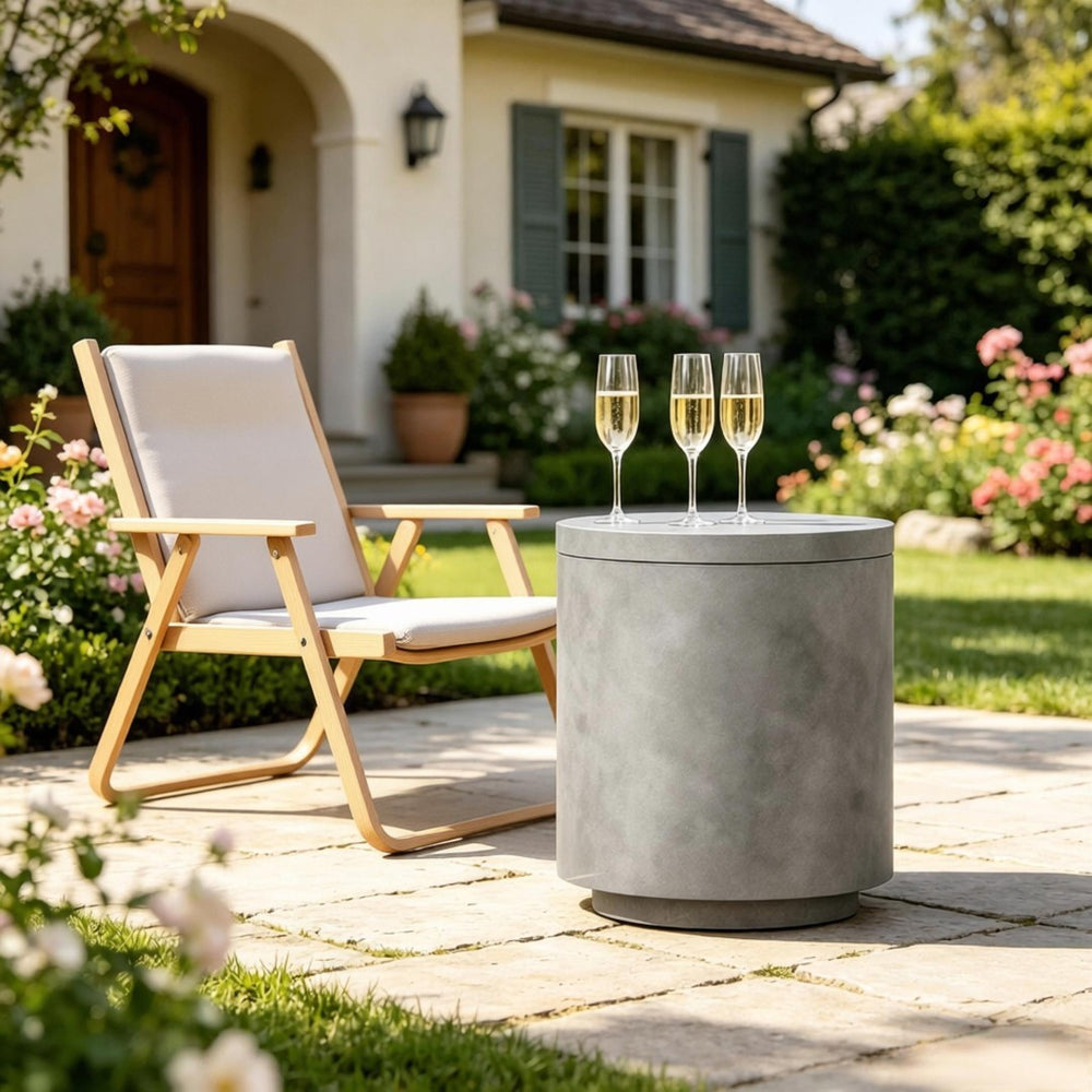 English Elm Portable Concrete Outdoor Side Table with Stainless Steel Ice Bucket for Patio Decks T3971P514239