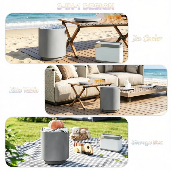 English Elm Portable Concrete Outdoor Side Table with Stainless Steel Ice Bucket for Patio Decks T3971P514239